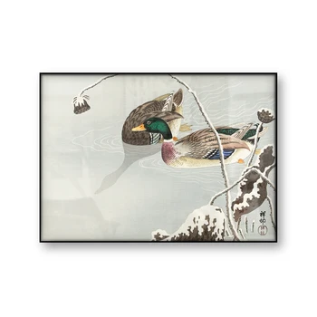 Iki Yeşilbaş yakın bir Karla Kaplı Lotus Ohara Koson Vintage Japon sanat posterleri Kuşlar Ahşap Blok Tuval Baskı Asya duvar sanat dekoru