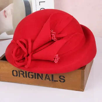 2021 Yün Keçe Bere Fedoras Şapka Kadın Zarif Siyah Kırmızı Bayanlar Vintage Fascinator Düğün Pillbox Şapka Ilmek Derby Kap