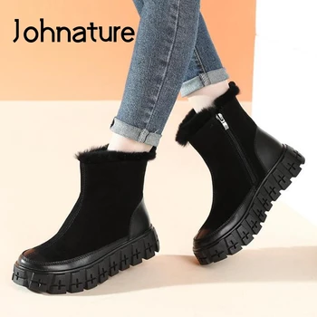 Johnature Kış Sıcak Ayakkabı Kadın Çizmeler Hakiki Deri 2021 Yeni Yuvarlak Ayak Zip Dikiş El Yapımı Muhtasar Eğlence Platformu Çizmeler