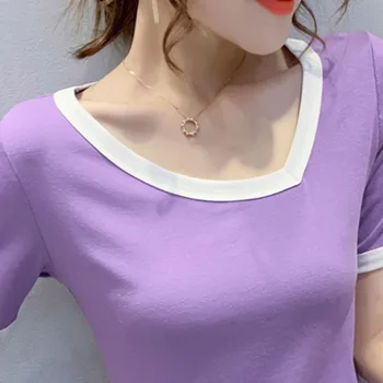 LJSXLS Yaz Pamuk kadın T-shirt Kontrast Renk Kısa Kollu T-Shirt Kadın Katı Ince Esneklik Tee Gömlek Mor Üst Femme