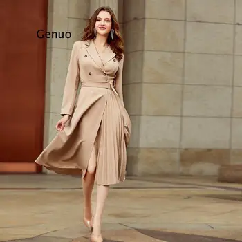 Günlük giysi Yaka Sonbahar Kadın Elbise Uzun Kollu Ofis Bayan Asimetrik uzun elbise Ince Kemer A-Line kadın elbisesi