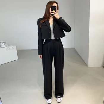 Kimutomo Sonbahar Yüksek Sokak Kadın Setleri Kore Mizaç Fransız Yaka Iki Düğmeli Küçük Ceket Yüksek Bel günlük pantolon Takım Elbise