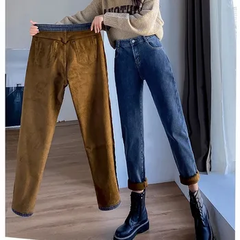 ZHISILAO Kalınlaşmak Yün Kış Sıcak Harem Kot Kadın 2021 Vintage Yumuşak Yüksek Bel Düz Kot Pantolon Erkek Arkadaşı Anne Kot