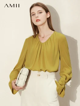 Amii Minimalizm Bahar Kadın Bluz Moda U Boyun Parlama Kol Şifon Gömlek Ofis Bayan Bluzlar Vintage Kadın Üstleri 12240061