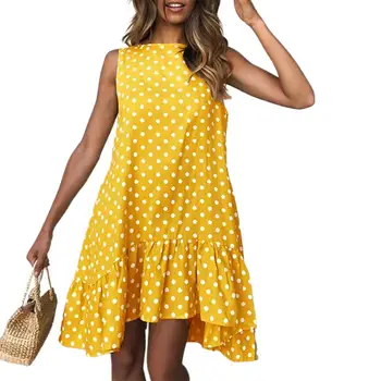 60 % HOTWomen Gevşek Elbise Eğlence Polka Dot Baskı Yuvarlak Boyun Kolsuz Elbise Günlük Giyim