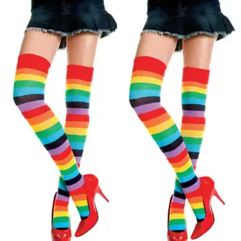 Bayanlar Bayan Çizgili Çizgili Gökkuşağı Çorap Diz Üzerinde Çorap Uzun Neon Renkli Fantezi Çorap