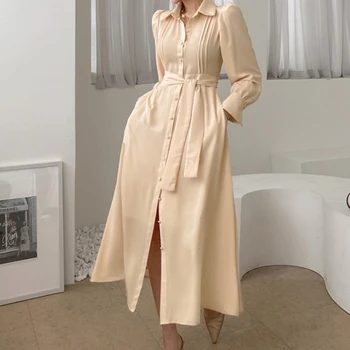 Kadın Bahar Moda A-Line Midi Gömlek Elbise Bayanlar Rahat Zarif Dantel-up Vestidos Femme Düz Renk Giyim Giysiler