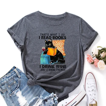 Ben Kitap Okumak Ben Içki Şarap Kitap Sevgilisi Hediye Kedi Gömlek Kadın Kısa Kollu pamuklu tişörtler Yaz Grafik Tee Üstleri Kadın Giysileri