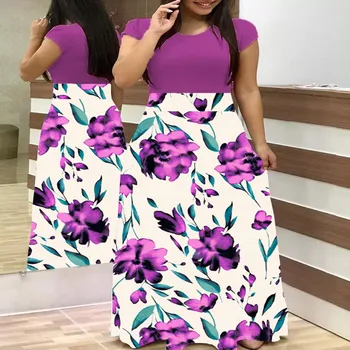 Kadın Yaz Çiçek Baskı Dikiş Uzun Ziyafet Elbise 2021 Bayanlar Zarif Seksi Kısa Kollu Bodycon Maxi Vestidos Artı Boyutu