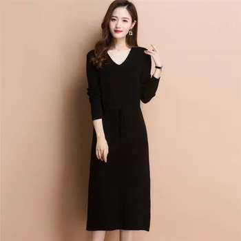 Kış Elbise Kadınlar Yeşil V Yaka Ince 2020 Sonbahar Yeni Kore Moda Gevşek Kemer Dibe Örme Kazak Elbiseler Feminina K0125
