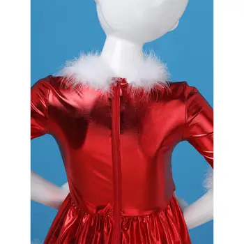 Noel Elbise Kız Parlak Metalik Uzun Kollu Tüy Kesilmiş Elbise Noel Giysileri Çocuk Kız Artistik Patinaj Giyim
