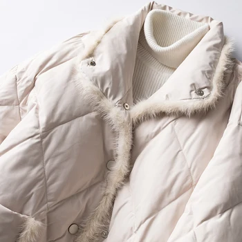 Fitaylor Kış Ekleme Vizon Saç ışık tüy Ceket Kadın 90 % Beyaz Ördek uzun kaban Vintage Gevşek Parker Kabarık Sıcak Dış Giyim