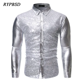 Gümüş Metalik Sequins Glitter Gömlek Sahne Patchwork Dans Lüks Elbise Erkek Gömlek Moda Erkekler Uzun Kollu Disko Parti Cadılar Bayramı