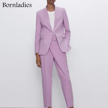 Bornladies Za Ofis Bayanlar Chic Pantolon Takım Elbise Kadın Iş Giysisi Kıyafetler Tailleur Femme Setleri Pembe Uzun Kollu Ceketler Kadın Mont