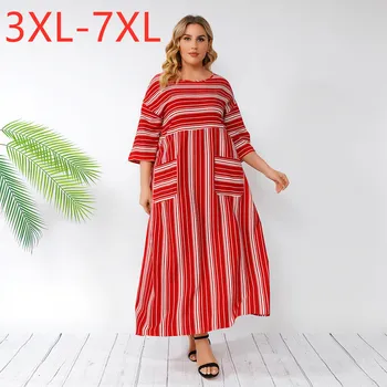 Yeni 2021 Bayanlar Bahar Yaz Artı Boyutu Uzun Elbise Kadınlar İçin Büyük Kısa Kollu Büyük Gevşek Kırmızı Şerit Elbise 3XL 4XL 5XL 6XL 7XL