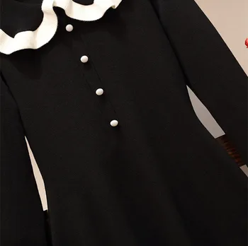 JSXDHK Sonbahar Kış Peter Pan Yaka Kazak Elbise Tatlı Moda Kadın Siyah Beyaz Çizgili Düğme Örme Artı Boyutu Elbise L-5XL
