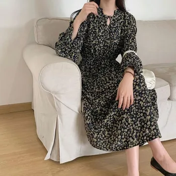 HziriP Chic Zarif Ofis Lady Uzun Elbise Kadınlar 2022 Yeni Bahar Sonbahar Vintage Elastik Bel Yumuşak Çiçekli Elbiseler Retro Vestidos