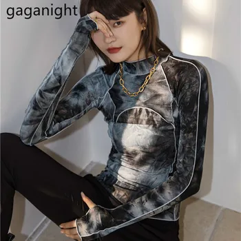 Gaganıght Kadın Streetwear Batik Baskılı Kadın Uzun Kollu T-shirt Bahar Sonbahar Ince Tişörtleri Moda Bayanlar Kazaklar Tops
