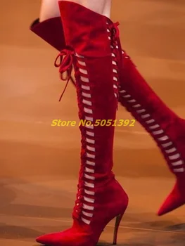 Klasik Dantel Up Pist Çizmeler Hollow Roma Kırmızı Mavi Süet Pist Elbise Kadın Ayakkabı Seksi Sivri Burun Yüksek Topuk Çizmeler