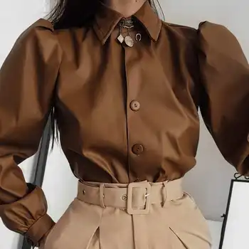 ZANZEA Moda Kadın Faux Deri Gömlek 2021 Bahar Sonbahar Ofis Lady PU Uzun Kollu Casual Katı Boy Blusa Femme 7 Tops