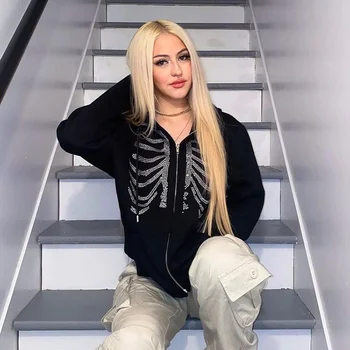 Y2K İskelet Zip Up Boy Kazak 2021 Yaz Goth Hoodies Kadın Grunge Kapüşonlu ceket Streetwear Estetik Giyim Kadın