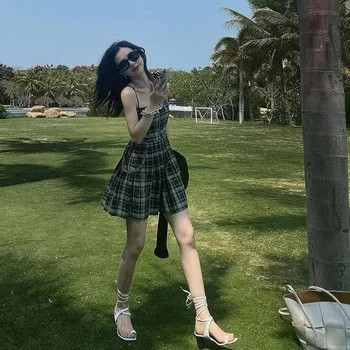 Ekose Kolsuz Elbise Kadın Yaz Mini Tüm Maç Tatil Giyim Sundress Harajuku Plaj Şık Popüler Ihale Kadın Ins