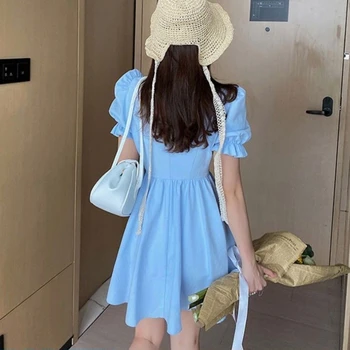 Elbise Kadın Tatlı Yay Kore Tarzı Bayanlar Mavi Kısa Kollu Vestdios Mini Yaz Parti Zarif Moda Streetwear Nedensel