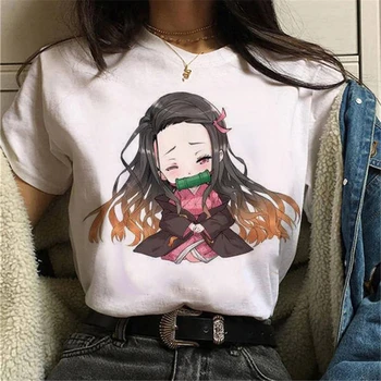 Kadın japon animesi Iblis Slayer Kawaii Grafik Tees Kamado Nezuko baskılı tişört Unisex Y2K Komik Üstleri Tee Kadın Tshirt