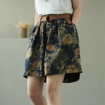 Yaz Kadın Rahat Şort Vintage çiçekli Baskı Geniş Bacak kısa kot pantolon Kadın Yüksek Bel Gevşek Kot şort ıle Cep Streetwear