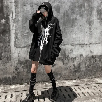 Kadın Sonbahar Gotik Grafik Baskı Fermuar Kapşonlu Hoodie Erkekler Rahat Siyah Serin Boy Ceket Moda Kazak Streetwear Unisex