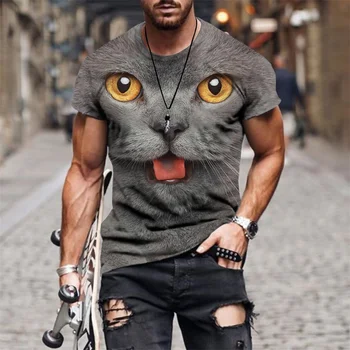 Yeni 3d Baskı Kişilik Sevimli Kedi Hayvan erkek Sokak günlük t-shirt Spor Gelgit erkek Genç Yakışıklı T-shirt Üst