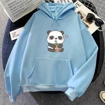Kadın Hoodies Küçük Panda Içme Süt Çay baskılı kapüşonlu svetşört Streetwear Sevimli Kış Giysileri Bayan Boy Gevşek Tişörtü