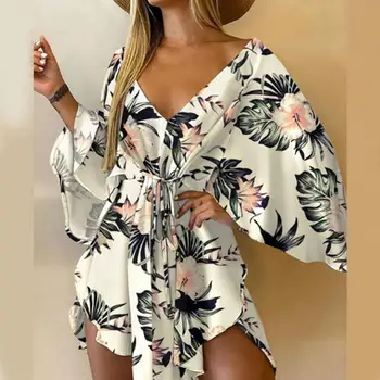 2021 Yaz Moda Yeni Asimetrik Hem Mini Elbise Tropikal Baskı Seksi Kravat Ön V Boyun Çiçek Baskı Kadın Beachwear Artı Boyutu