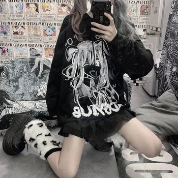 Deeptown Japon Tarzı Anime baskılı kapüşonlu svetşört Kadın Kore Moda Boy Siyah Streetwear Gotik Uzun Kollu Tişörtü Kadın