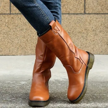 Retro kadın Orta Buzağı Çizmeler Kış ayakkabı Kadın Sıcak Peluş Bayan PU Çizmeler Dikiş Kayma Konfor kadın ayakkabısı Moda Iki Aşınma