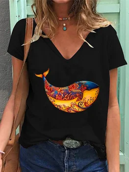Yeni kadın Yaz Moda Balina Baskılı T-shirt Rahat Kısa Kollu Derin V Yaka Düz Renk Tee Bayanlar Kazak Bluz Tops
