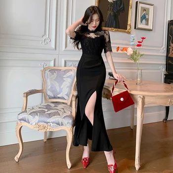 Moda Yaz Kore Vintage Dantel Ekleme Maxi Parti Elbise Bayanlar Zarif Rahat Seksi Kısa Kollu Hollow Bölünmüş Tatil Elbise