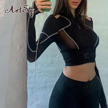 ArtsuG Techwear Biker Giyim Örgü T-shirt Siyah Goth kadın t shirt Toka Kırpılmış Üst Seksi Şerit Uzun Kollu Sonbahar Tee