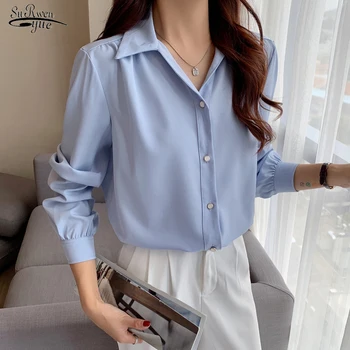 2021 Sonbahar Yeni Varış Uzun Kollu Casual Gömlek Kadınlar Katı Beyaz Şifon Bluz kadın Kore BF Stil Chic Tops Blusas 16160