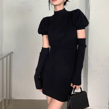 2022 Örme Bodycon Elbise Seksi Puf Kollu Kazak Mini Elbise Kadınlar Akşam Parti Tek Parça Elbise Kore Bahar Giyim Chic