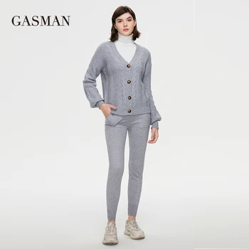 GASMAN Yeni 2021 ıçin ıki parçalı set kadın Hırka kazak pantolon Beyaz moda kadın markalar sonbahar set sıcak yüksek qualityGT002-1