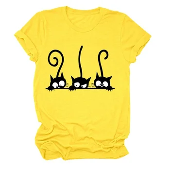 Üç Siyah Sevimli Kediler Baskı Kadın T Shirt Kısa Kollu O Boyun Gevşek Kadın Tişört Bayanlar Tee Gömlek Tops Giyim Camisetas Mujer