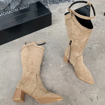 Kadın Sonbahar Yeni Chelsea Çizmeler 2021 Batı Çizmeler Moda Diz-yüksek ayakkabı Kadın Sivri Burun Ayakkabı Bayanlar Kare Topuklu Zip Ayakkabı